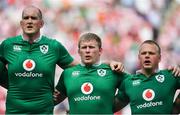 24 June 2017; Ireland players, from left, Devin Toner, John Ryan and Luke Marshall during the national anthem before the international rugby match between Japan and Ireland in the Ajinomoto Stadium in Tokyo, Japan. Photo by Brendan Moran/Sportsfile