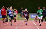 24 June 2017; Athletes from left, Declan Patton of Finn Valley A.C., Co Donegal, Shane Maher of St. Micheal's A.C., Co Offaly, and Jeremiah Oifoh of Tuam A.C, Co Galway, competing in the Boys U10 60m at the Irish Life Health Juvenile Games & Inter Club Relays at Tullamore Harriers Stadium in Tullamore, Co Offaly. Photo by Sam Barnes/Sportsfile