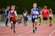 24 June 2017; Athletes from left, Davis Quinn of Lucan Harriers, Co Dublin and Declan Patton of Finn Valley A.C., Co Donegal, competing in the Boys U10 60m at the Irish Life Health Juvenile Games & Inter Club Relays at Tullamore Harriers Stadium in Tullamore, Co Offaly. Photo by Sam Barnes/Sportsfile
