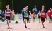 24 June 2017; Athletes from left, Conor Liston of Mullingar Harriers A.C., Co Westmeath, Jack Carroll of Templemore A.C., Co Tipperary and Sawyer Campbell of Tír Chonaill A.C., Co Donegal, competing in the Boys U11 60m at the Irish Life Health Juvenile Games & Inter Club Relays at Tullamore Harriers Stadium in Tullamore, Co Offaly. Photo by Sam Barnes/Sportsfile