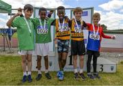 24 June 2017; Boys U10 60m medallists, from left, Ciarán O’Donnell and Jeremiah Oifoh Tuam A.C., Co Galway, silver, Ryan Onoh and Daniel Murphy of Leevale A.C., Co Cork, gold, and Tadhg McKeogh of Derg AC, Co Clare, bronze, at the Irish Life Health Juvenile Games & Inter Club Relays at Tullamore Harriers Stadium in Tullamore, Co Offaly. Photo by Sam Barnes/Sportsfile