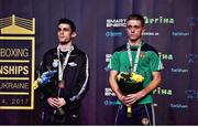 24 June 2017; Ireland's Kurt Walker, right, receives his bronze medal at the EUBC Continental Championships at Kharkiv in Ukraine. Photo by AIBA via Sportsfile
