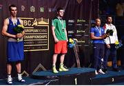 24 June 2017; Ireland's Joe Ward, centre, receives his Gold medal at the EUBC Continental Championships at Kharkiv in Ukraine. Photo by AIBA via Sportsfile