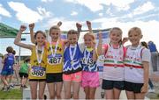 24 June 2017; Girls U10 Long Jump medallists, from left, Emma O’Connell and Ruby Cummins of Bandon A.C., Co Cork, silver, Ciara Laffan and Kiera Wilson of Bree A.C., Co Wexford, gold, with Abby Yelverton and Orlaith Grimes of Limerick A.C., Co Limerick, bronze, at the Irish Life Health Juvenile Games & Inter Club Relays at Tullamore Harriers Stadium in Tullamore, Co Offaly. Photo by Sam Barnes/Sportsfile