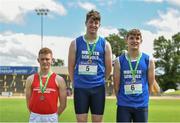 24 June 2017; On the podium after the 100 metre hurdles are, from left, third placed Cian O'Connell, Ballinrobe CS, Co. Mayo, winner Darragh Miniter, Ennistymon CBS, Co. Clare, and second placed Joseph McEvoy, St. Anne's Killaloe, Co. Clare, at the Irish Life Health Tailteann School’s Interprovincial Schools Championships at Morton Stadium in Santry, Dublin. Photo by Ramsey Cardy/Sportsfile