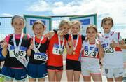 24 June 2017; Girls U11 Turbo Javelin medallists, from left, Katie Mullaney and Rhona Brennan of Swinford A.C., Co Mayo, silver, Enya Silkena and Meabh O’Connor of Dundalk St. Gerards A.C., Co Louth, gold, with Diana Rose Coakley and Kate Kingston of Skibbereen A.C., Co Cork, bronze, at the Irish Life Health Juvenile Games & Inter Club Relays at Tullamore Harriers Stadium in Tullamore, Co Offaly. Photo by Sam Barnes/Sportsfile