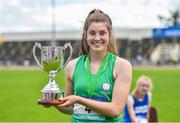 24 June 2017; Kate O’Connor of St Vincent’s, Dundalk, Co. Louth, after winning the 500g javelin at the Irish Life Health Tailteann School’s Interprovincial Schools Championships at Morton Stadium in Santry, Dublin. Photo by Ramsey Cardy/Sportsfile