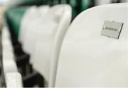 25 June 2017; A detailed view of a seat showing the name of Tony McGovern, whom the stadium is named after, ahead of the GAA Football All-Ireland Senior Championship Round 1B match between London and Carlow at McGovern Park in Ruislip, London. Photo by Seb Daly/Sportsfile