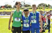 24 June 2017; On the podium after the triple jump are, from left, third placed Alex Campbell, CBC Monkstown, Dublin, winner Wymin Sivakumar, CSN Cork, and second placed Sean Carolan, St Mary's, Newport, Co. Mayo, ,at the Irish Life Health Tailteann School’s Interprovincial Schools Championships at Morton Stadium in Santry, Dublin. Photo by Ramsey Cardy/Sportsfile