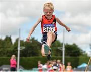 24 June 2017; David Coakley of Lucan Harriers A.C., Co Dublin, competing in the Boys U10 Long Jump at the Irish Life Health Juvenile Games & Inter Club Relays at Tullamore Harriers Stadium in Tullamore, Co Offaly. Photo by Sam Barnes/Sportsfile