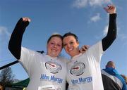 18 February 2012; Operation Transformation team members Natalie Cox, from Crumlin, Dublin, left, and Grace Batterberry, from Castletownroche, Cork, celebrate after finishing the Operation Transformation Race 2012. Phoenix Park, Dublin. Picture credit: Pat Murphy / SPORTSFILE