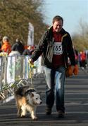 18 February 2012; John Creathon, from Rialto, Dublin, finishes the Operation Transformation Race 2012 with his dog Sneactha. Phoenix Park, Dublin. Picture credit: Pat Murphy / SPORTSFILE