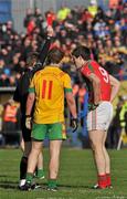 18 February 2012; Referee Joe McQuillan shows the red card to David O'Shaughnessy, right, Garrycastle, after he received a second yellow card for fouling Senan Kilbride, St.Brigid's. AIB GAA Football All-Ireland Senior Club Championship Semi-Final, St Brigid's, Roscommon v Garrycastle, Westmeath, Glennon Brothers Pearse Park, Longford. Picture credit: Barry Cregg / SPORTSFILE
