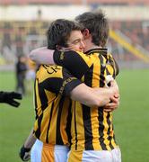 18 February 2012; Stephen Kernan, Crossmaglen Rangers, left, celebrating after the game with Johnyn Hanratty despite receiving a red card in the second half. AIB GAA Football All-Ireland Senior Club Championship Semi-Final, Dr. Crokes, Kerry, v Crossmaglen Rangers, Armagh, O'Moore Park, Portlaoise, Co. Laois. Picture credit: Oliver McVeigh / SPORTSFILE