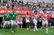 24 June 2017; The ireland and Japan teams walk out before the international rugby match between Japan and Ireland in the Ajinomoto Stadium in Tokyo, Japan. Photo by Brendan Moran/Sportsfile