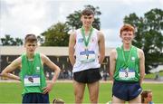 24 June 2017; On the podium after the 800 metre race are, from left, third placed Aaron Mangan, St Mary’s, Edenderry, Co. offaly, winner Cormac O’Rourke, St Malachys Belfast, Co. Antrim, and second placed Ruarcan O’Gibne, Colaiste Lu, Dundalk, Co. Louth, at the Irish Life Health Tailteann School’s Interprovincial Schools Championships at Morton Stadium in Santry, Dublin. Photo by Ramsey Cardy/Sportsfile