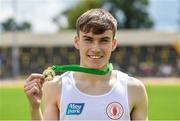 24 June 2017; Cormac O’Rourke of St Malachys, Belfast, Co. Antrim, after winning the 800 metre race at the Irish Life Health Tailteann School’s Interprovincial Schools Championships at Morton Stadium in Santry, Dublin. Photo by Ramsey Cardy/Sportsfile