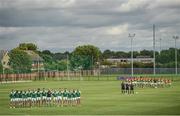 25 June 2017; Players from both sides stand for the national anthem ahead of the GAA Football All-Ireland Senior Championship Round 1B match between London and Carlow at McGovern Park in Ruislip, London. Photo by Seb Daly/Sportsfile