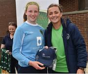 25 June 2017; Anna Fahey of Galway and District League is presented with the Player of match award from Republic of Ireland International Katie McCabe at the end of the Under 14 Final at the Fota Island Resort FAI Gaynor Cup at the University of Limerick in Limerick. Photo by David Maher/Sportsfile