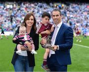 25 June 2017; Westmeath's Dessie Dolan who was inducted into the Leinster GAA Hall of Fame is photographed with his wife Kelly and his children Freya, 5 months, and Nathan, 4 years, during half time in the Leinster GAA Football Senior Championship Semi-Final match between Dublin and Westmeath at Croke Park in Dublin. Photo by Ray McManus/Sportsfile