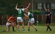 25 June 2017; Kieran Hughes, left, and Jaralth Branagan of London reacts after referee Niall Cullen gives a decision against their side during the GAA Football All-Ireland Senior Championship Round 1B match between London and Carlow at McGovern Park in Ruislip, London. Photo by Seb Daly/Sportsfile