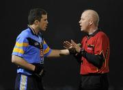 16 February 2012; Referee Derek Fahy speaks with Chris Barrett, UCD. Irish Daily Mail Sigerson Cup Quarter-Final, National University of Ireland, Maynooth v University College Dublin, NUIM, Maynooth, Co. Kildare. Picture credit: Stephen McCarthy / SPORTSFILE