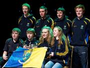 18 February 2012; The Carnew Emmetts GAA Club, Co. Wicklow, team, back row, left to right, Bob Fitzgerald, Nathan O'Connor, Paul Murphy, Conor Lambert, front row, left to right, Padraig Doran, Seamus Mulhall, Toni Doran and Anna Hennessy after winning the 'Novelty Act' competition in the All-Ireland Scór na nÓg Final 2012. Royal Theatre & Events Centre, Castlebar, Co. Mayo. Picture credit: Ray McManus / SPORTSFILE