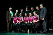 18 February 2012; The Boherbue GAA Club, Co. Cork, team, back row, left to right, Timothy Murphy, Michael Daly, Eddie Kiely, Jimmy Herlihy, Daniel Murphy, and front row, left to right, Louise Fitzgerald, Amée McCarthy, Evie Casey, Amanda O’Sullivan, Hannah O'Sullivan, with Paddy Naughton, right, back row, Cathaoirleach, Comhairle Connacht, and Des Maguire, left, back row, Cathaoirleach, Coiste Scór Naisúnta, after winning the 'Set Dancing' competition in the All-Ireland Scór na nÓg Final 2012. Royal Theatre & Events Centre, Castlebar, Co. Mayo. Picture credit: Ray McManus / SPORTSFILE
