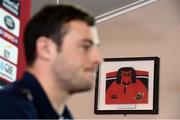 26 June 2017; Robbie Henshaw of the British & Irish Lions during a press conference at Jerry Collins Stadium, where a Munster Rugby jersey hangs, presented to the Norths RFC club by Vivian Boland, in Porirua, New Zealand. Photo by Stephen McCarthy/Sportsfile