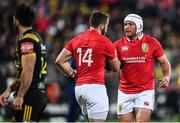 27 June 2017; Rory Best, right, congratulates his British and Irish Lions team-mate Tommy Seymour on scoring their side's first try during the match between Hurricanes and the British & Irish Lions at Westpac Stadium in Wellington, New Zealand. Photo by Stephen McCarthy/Sportsfile