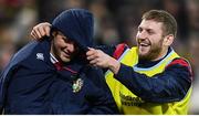 27 June 2017; Robbie Henshaw shares a joke with his British & Irish Lions team-mate Finn Russell as he leaves the pitch during the match between Hurricanes and the British & Irish Lions at Westpac Stadium in Wellington, New Zealand. Photo by Stephen McCarthy/Sportsfile