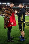 27 June 2017; Dane Coles of the Hurricanes presents Sam Warburton of the British and Irish Lions with at feathered Maori cloak, or Korowai, during the match between the Hurricanes and the British & Irish Lions at Westpac Stadium in Wellington, New Zealand. Photo by Hagen Hopkins / Pool via Sportsfile