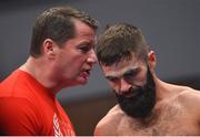 17 June 2017; Jono Carroll in conversation with trainer Danny Vaughan at the Battle of Belfast Fight Night at the Waterfront Hall in Belfast. Photo by Ramsey Cardy/Sportsfile