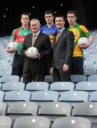 22 February 2012; Kraft Foods today announced the renewal of the Cadbury sponsorship of the GAA U21 Football Championship for another 3 years. The renewal builds on a successful 7 year partnership between Cadbury and the GAA which has seen the Championship go from strength to strength with greater TV coverage now than ever before and over 20,000 fans attending the final in Croke Park last year. At the launch of of the Championship are, Shane Guest, Kraft Foods Ireland, and Uachtarán Chumann Lúthchleas Gael Criostóir Ó Cuana, with U21 footballers, from left, Cillian O'Connor, Mayo, Michael Quinlivan, Tipperary, and Patrick McBrearty, Donegal. Croke Park, Dublin. Picture credit: Brian Lawless / SPORTSFILE