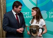 28 June 2017; Brendan Griffin TD, Minister of State with Special Responsibility for Tourism and Sport with athlete Ciara Mageean at the launch of the 2017 Morton Games at Buswell’s Hotel, Molesworth Street, in Dublin. Photo by Piaras Ó Mídheach/Sportsfile