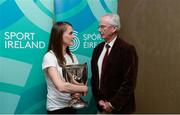 28 June 2017; Athlete Ciara Mageean with John Treacy, Chief Executive Officer, Irish Sports Council, at the launch of the 2017 Morton Games at Buswell’s Hotel, Molesworth Street, in Dublin. Photo by Piaras Ó Mídheach/Sportsfile
