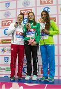 28 June 2017; Mona McSharry of Ireland, centre, with silver medallist Weronika Hallmann, left, of Poland and bronze medallist Tina Celik, right, of Slovakia  after receiving her gold medal following her victory in the Women's 50m Breast stroke Final in a time 31.38 during the European Junior Swimming Championships 2017 at Netanya, in Israel. Photo by Nir Keidar/Sportsfile