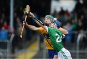 28 June 2017; Ryan Tobin of Limerick in action against Cian McInerney of Clare during the Electric Ireland Munster GAA Hurling Minor Championship semi-final match between Clare and Limerick at Cusack Park in Ennis, Co. Clare. Photo by Diarmuid Greene/Sportsfile