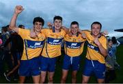 28 June 2017; Clare players, from left, Aidan McCarthy, Ross Hayes, Killian McDermott, and Gearoid Cahill celebrate victory after the Electric Ireland Munster GAA Hurling Minor Championship semi-final match between Clare and Limerick at Cusack Park in Ennis, Co. Clare. Photo by Diarmuid Greene/Sportsfile