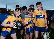 28 June 2017; Clare players, from left, Colin Haugh, Lee Brack, Sean Crowley, and Cian Minogue celebrate victory after the Electric Ireland Munster GAA Hurling Minor Championship semi-final match between Clare and Limerick at Cusack Park in Ennis, Co. Clare. Photo by Diarmuid Greene/Sportsfile