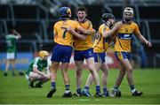 28 June 2017; Clare players, from left, Aidan McCarthy, Cian Minogue, Colin Haugh, and Eoghan Wallace celebrate victory after the Electric Ireland Munster GAA Hurling Minor Championship semi-final match between Clare and Limerick at Cusack Park in Ennis, Co. Clare. Photo by Diarmuid Greene/Sportsfile