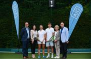 29 June 2017; AIG Insurance was today officially announced as the new sponsor of the AIG Irish Open Tennis Championship, which will return to the Fitzwilliam Lawn Tennis Club in Dublin from July 22nd to 29th. Irish International tennis stars Sinéad Lohan and Simon Carr along with his dad, former Dublin Senior Football Captain, Tom Carr were on hand at Fitzwilliam Lawn Tennis Club today to launch the new sponsorship. AIG are also proud sponsors of Dublin GAA. Pictured in attendance at the launch, are from left, Richard Fahey, CEO Tennis Ireland, Rebecca Claffey, AIG Ireland, Sinéad Lohan, Simon Carr, Helen Sheilds, President at Fitzwilliam Lawn Tennis Club and Tommy Carr, former Dublin GAA Captain.  Fitzwilliam Lawn Tennis Club, Ranelagh, Dublin. Photo by Sam Barnes/Sportsfile