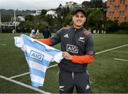 30 June 2017; Blackrock College Senior Cup Team and Development Squad got a chance to train with All Blacks stars Israel Dagg, Joe Moody and Sam Cane at Old Boys University Rugby Club in Wellington today thanks to AIG Insurance. AIG is helping to support the Dublin school’s trip to New Zealand and is also proud sponsor of the All Blacks. Pictured during the Blackrock College training session is Israel Dagg of the New Zealand All Blacks holding a Blackrock College jersey. Photo by Stephen McCarthy/Sportsfile
