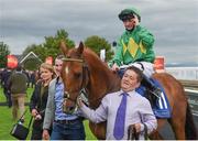 30 June 2017; Jockey Danny Sheehy acknowledges the crowd after winning the Hackett Apprentice Derby on Zeftan during the Dubai Duty Free Irish Derby Festival 2017 on Friday at the Curragh in Kildare. Photo by Seb Daly/Sportsfile