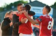 30 June 2017; Conan Byrne, centre, of St Patrick's Athletic celebrates after scoring his side's first goal with St Patrick's Athletic Director of Football Ger O’Brien, left, and Graham Kelly, right, during the SSE Airtricity League Premier Division match between St Patrick's Athletic and Galway United at Richmond Park in Dublin. Photo by David Maher/Sportsfile