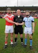 11 February 2012; Johnny Campbell, Loughgiel Shamrocks, shakes hands with Kieran Bermingham, Na Piarsaigh, right, in front of referee Anthony Stapleton before the game. AIB GAA Hurling All-Ireland Senior Club Championship Semi-Final, Loughgiel Shamrocks, Antrim v Na Piarsaigh, Limerick, Parnell Park, Dublin. Picture credit: Ray McManus / SPORTSFILE