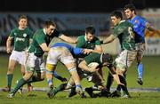24 February 2012; Conor Gilsenan, Ireland, with support from team-mates from left, Jack Conan, Conor Finn and Jordan Coghlan, is tackled by Alessio Zdrilich, left, and Federico Conforti, right, Italy. U20 Six Nations Rugby Championship, Ireland v Italy, Dubarry Park, Athlone, Co. Westmeath. Picture credit: Barry Cregg / SPORTSFILE