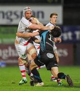 24 February 2012; Pedrie Wannenburg, Ulster, is tackled by Andrew Bishop, Ospreys. Celtic League, Ulster v Ospreys, Ravenhill Park, Belfast, Co. Antrim. Picture credit: Oliver McVeigh / SPORTSFILE
