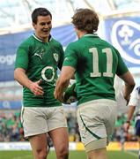 25 February 2012; Jonathan Sexton, left, Ireland, congratulates Andrew Trimble after scoring his side's fifth try. RBS Six Nations Rugby Championship, Ireland v Italy, Aviva Stadium, Lansdowne Road, Dublin. Picture credit: David Maher / SPORTSFILE