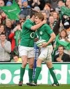 25 February 2012; Andrew Trimble, Ireland, is congratulated by team mate Jonathan Sexton after scoring his side's fifth try. RBS Six Nations Rugby Championship, Ireland v Italy, Aviva Stadium, Lansdowne Road, Dublin. Picture credit: Ray McManus / SPORTSFILE